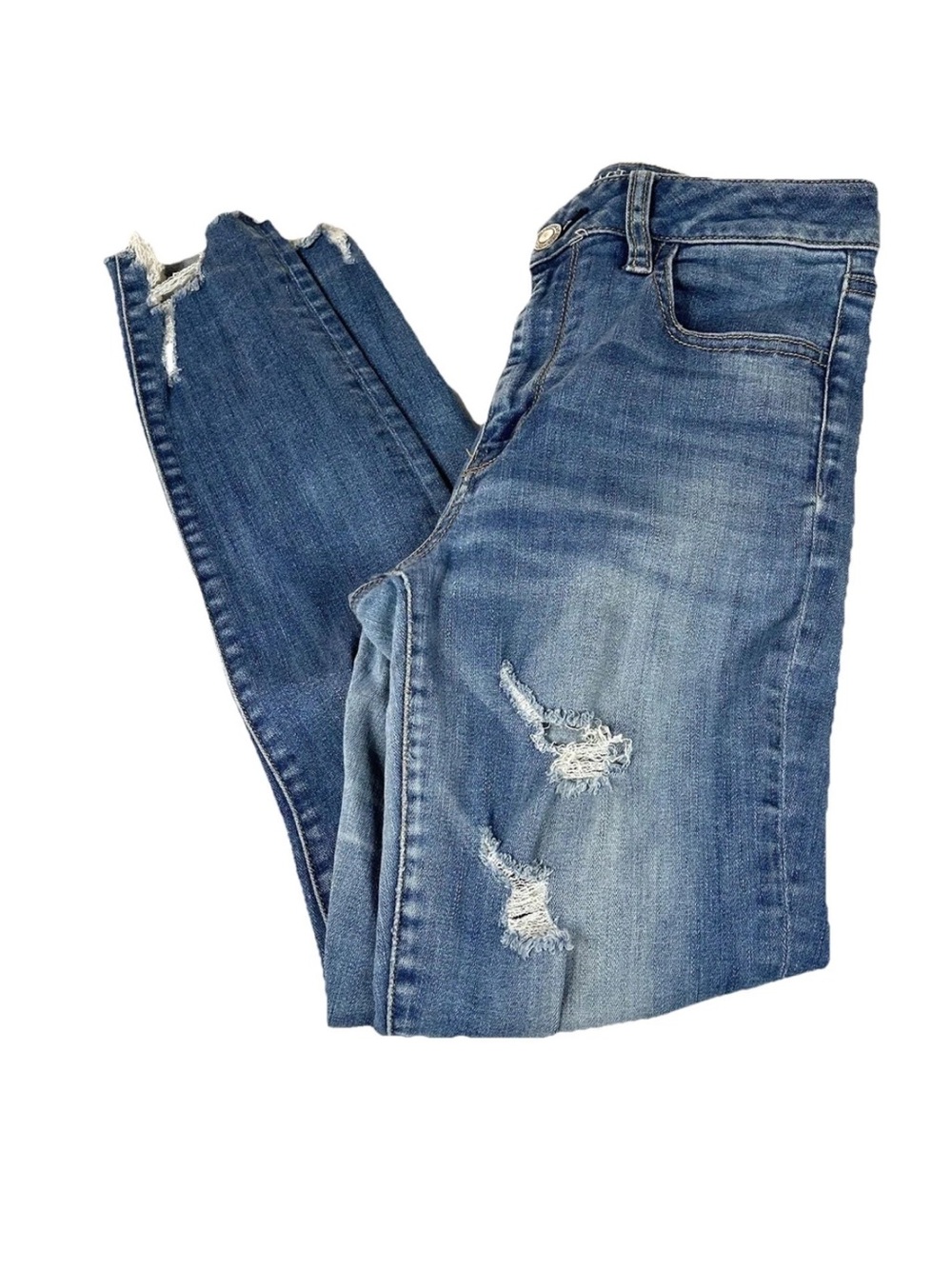 American Eagle Women’s 8 Hi Rise Jegging Jeans Light Wash Blue Distressed #1052